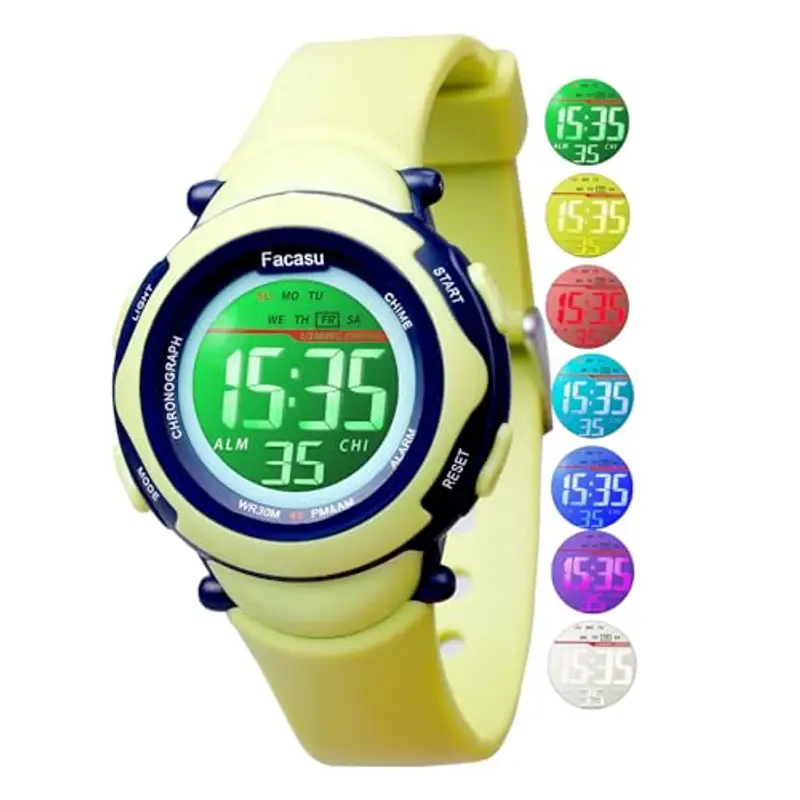 Facasu Orologio digitale bambini ragazze e ragazzi, impermeabile per bambini,luce colorata,per sport all'aria aperta,facile da leggere e regolare l'ora con allarme per bambini (Verde)