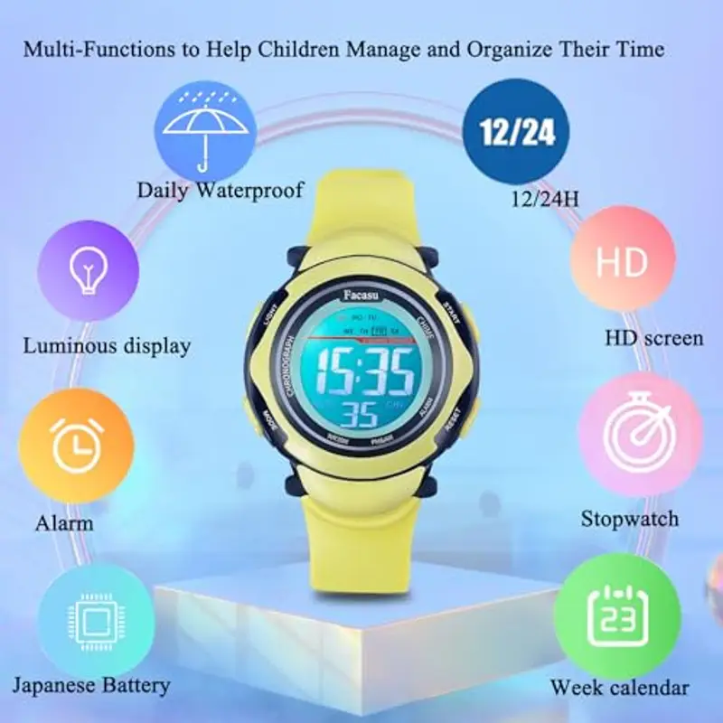 Facasu Orologio digitale bambini ragazze e ragazzi, impermeabile per bambini, luce colorata, per sport all'aria aperta, facile da leggere e regolare l'ora con allarme per bambini (Verde) miniatura 2