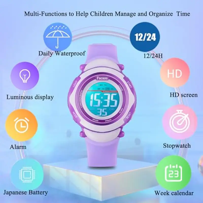 Facasu Orologio digitale bambini ragazze e ragazzi, impermeabile per bambini, luce colorata, per sport all'aria aperta, facile da leggere e regolare l'ora con allarme per bambini (Viola) miniatura 2