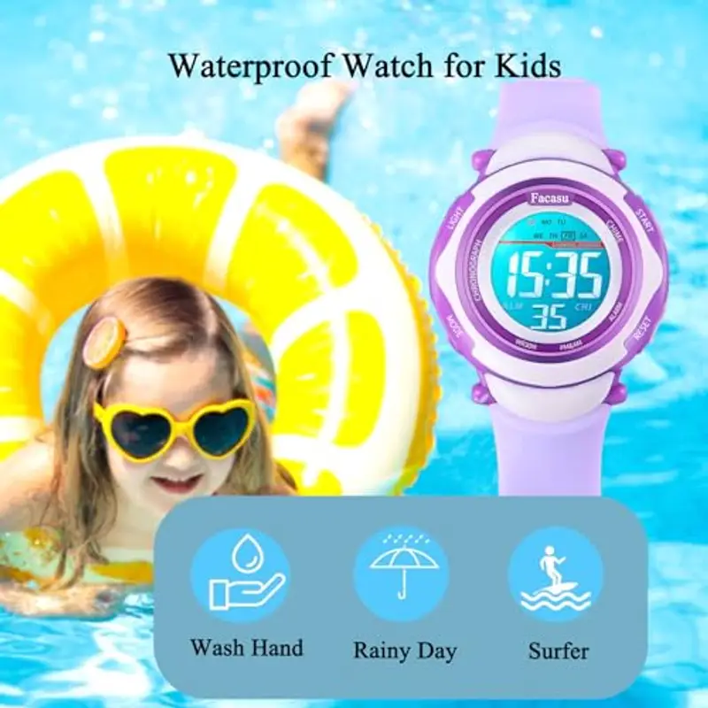 Facasu Orologio digitale bambini ragazze e ragazzi, impermeabile per bambini, luce colorata, per sport all'aria aperta, facile da leggere e regolare l'ora con allarme per bambini (Viola) miniatura 3
