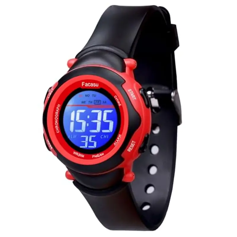 Facasu Orologio Digitale per Bambini, Ragazze e Ragazzi, Impermeabile, Luce Colorata, per Sport All'aria Aperta, Facile da Leggere e Regolare l'Ora Con Allarme (Negro)