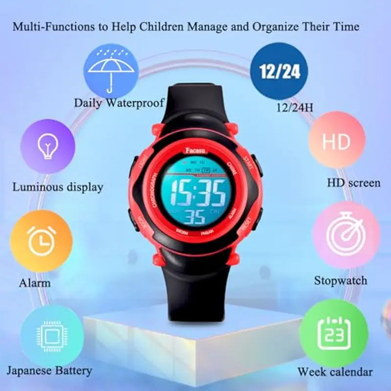 Facasu Orologio Digitale per Bambini, Ragazze e Ragazzi, Impermeabile, Luce Colorata, per Sport All'aria Aperta, Facile da Leggere e Regolare l'Ora Con Allarme (Negro) miniatura 2