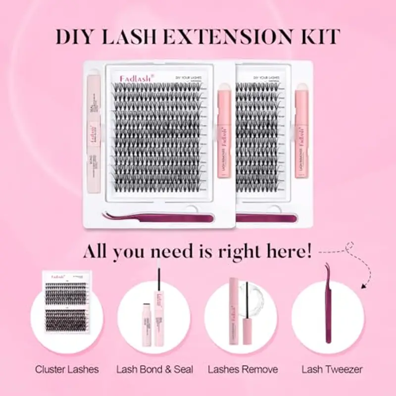 FADLASH Kit di Estensione Ciglia 200pcs 20D D Curl Ciglia Finte Cluster Mix 15-20mm, Bond and Seal, Rimuovi Ciglia, Pinzette per Ciglia DIY Extension per Ciglia Set miniatura 2