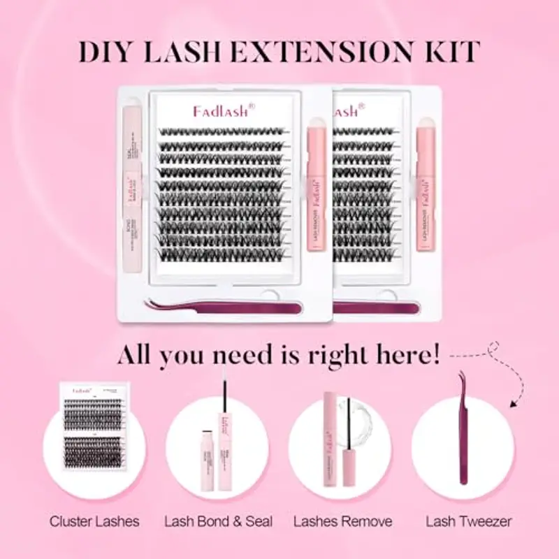 FADLASH Kit di Estensione Ciglia 200pcs 40D Ciglia Finte Cluster, Bond and Seal, Rimuovi Ciglia, Pinzette per Ciglia DIY Extension per Ciglia Set miniatura 2
