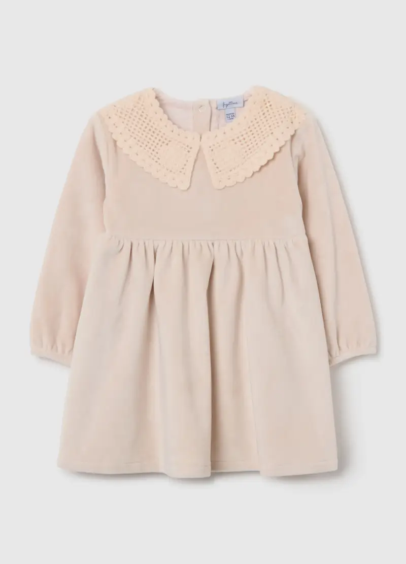 Abito Beige In Velour Con Colletto Ricamato, Bambina, Azzurro