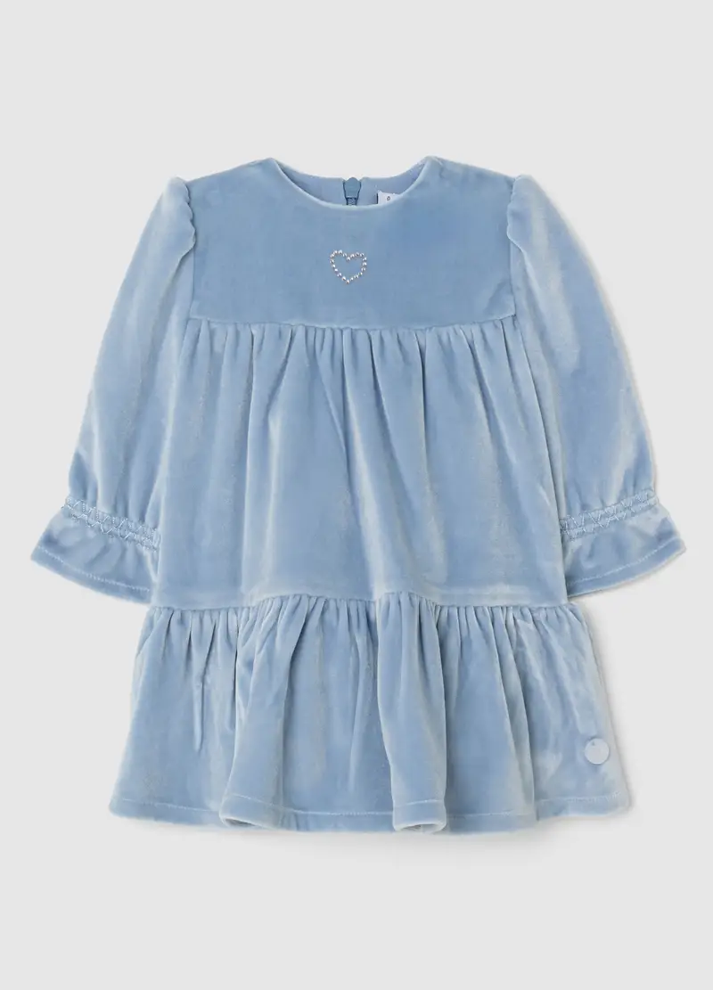 Abito Da Neonata In Velour Azzurro Regular Fit Con Cuore Ricamato, Azzurro