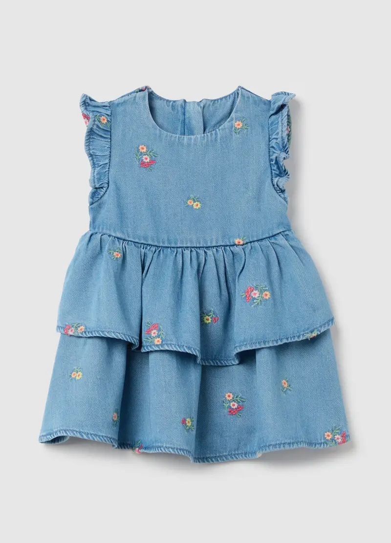 Abito In Denim A Balze Con Ricamo Fiori, Bambina, Denim