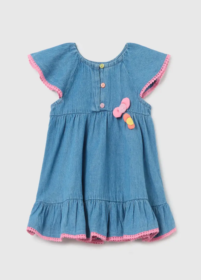 Abito In Denim Con Fiocchi Applicati, Bambina, Denim