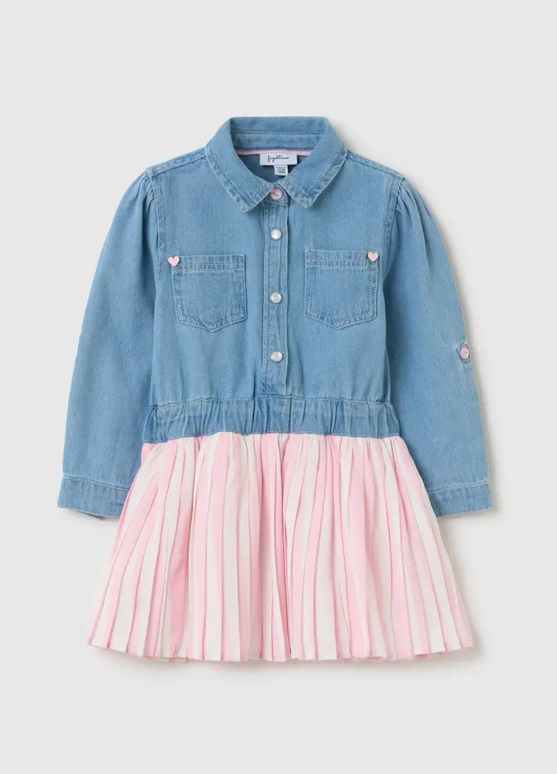 Abito In Denim Con Gonna Plissé, Bambina, Multicolor