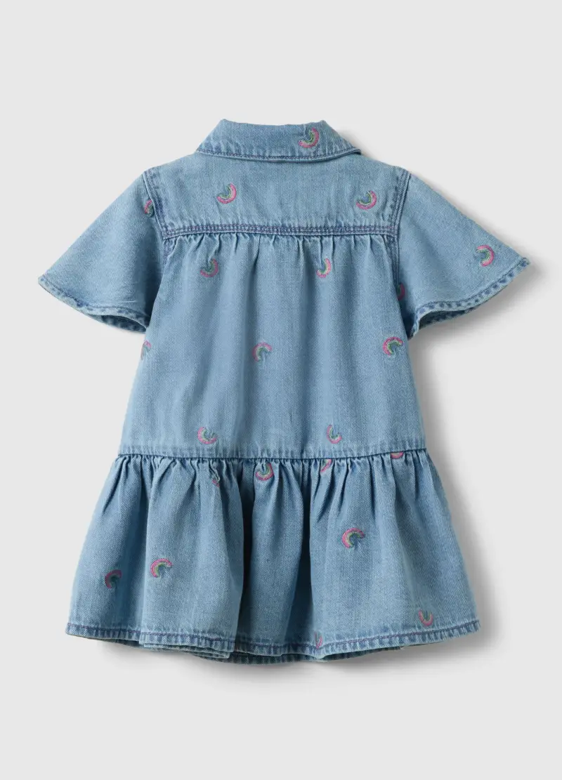 Abito In Misto Cotone Denim Azzurro Da Bimba Con Arcobaleni, Bambina, Denim miniatura 2