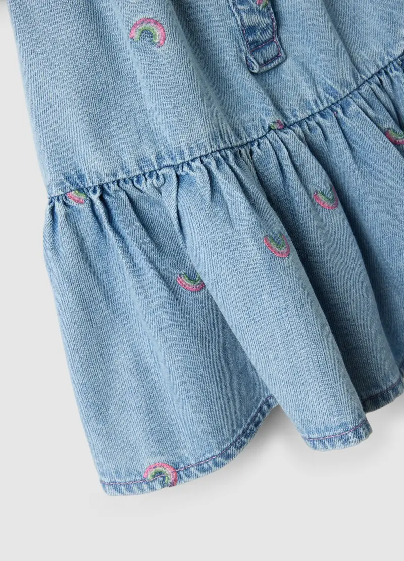 Abito In Misto Cotone Denim Azzurro Da Bimba Con Arcobaleni, Bambina, Denim miniatura 3