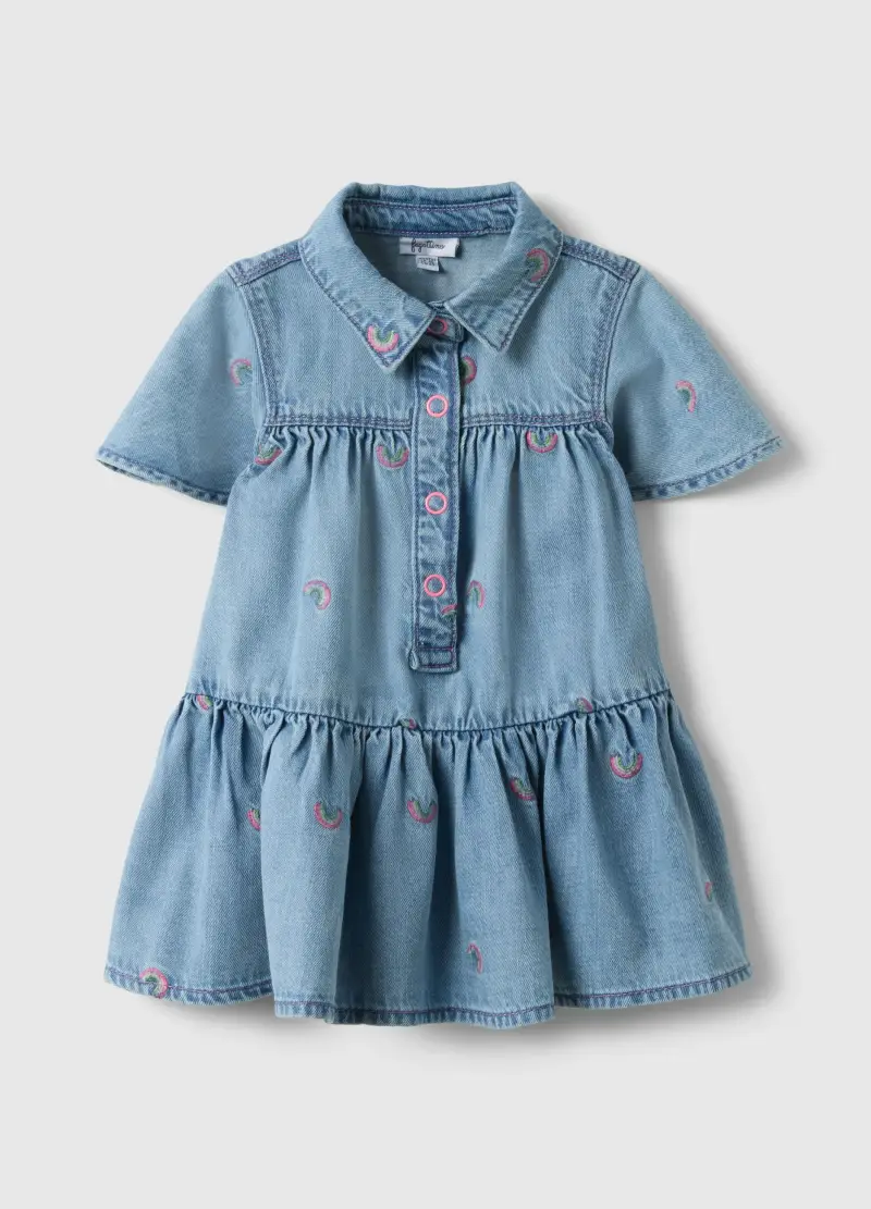 Abito In Misto Cotone Denim Azzurro Da Bimba Con Arcobaleni, Bambina, Denim