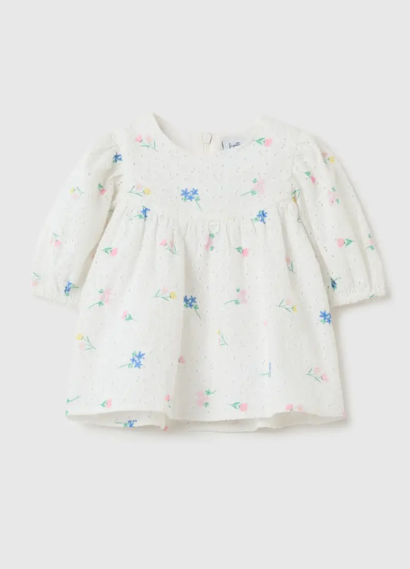 Abito In Sangallo Con Ricamo Fiorellini, Bambina, Bianco