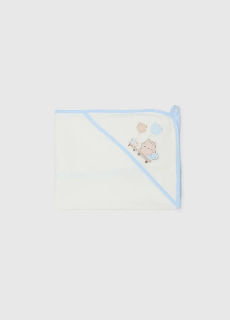 Accappatoio In Misto Cotone Bianco Con Cappuccio E Ricami, Neonato, Multicolor