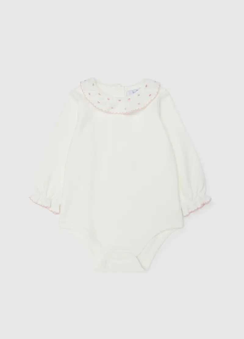Body Bianco Da Neonata In Puro Cotone Con Colletto Ricamato, Bianco