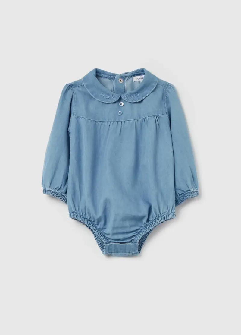 Body Camicia In Denim Con Ricamo, Neonata, Denim