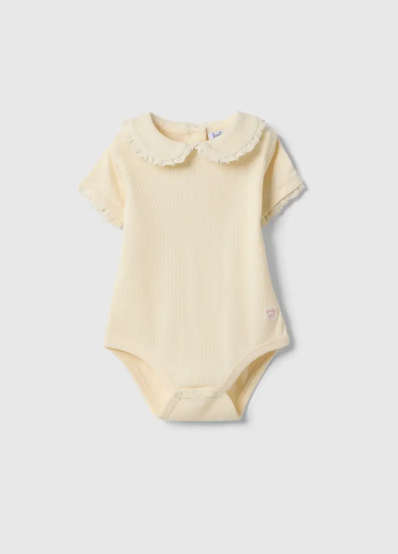 Body In Puro Cotone Beige A Righe Da Neonato Con Collo Arricciato, Neonata, Beige