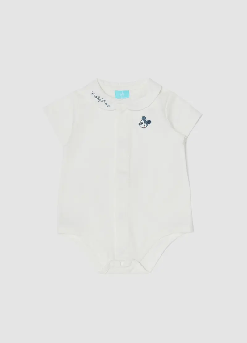 Body In Puro Cotone Bianco Da Neonato Con Ricamo Topolino, Bianco