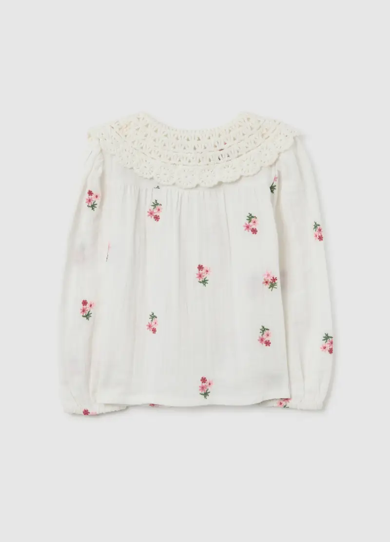 Camicia Da Bambina In Puro Cotone Bianca Regular Fit Con Fiori, Bianco miniatura 2