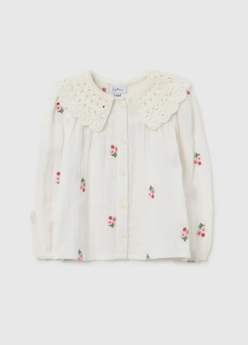 Camicia Da Bambina In Puro Cotone Bianca Regular Fit Con Fiori, Bianco