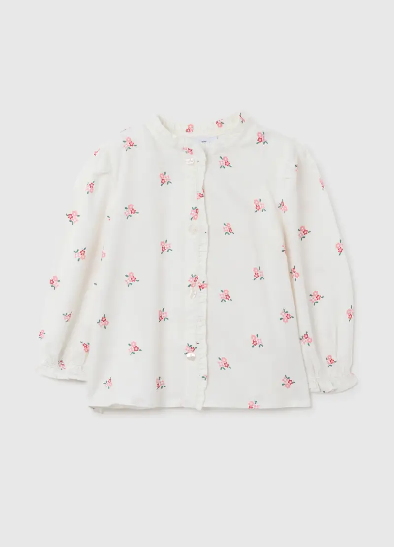 Camicia Da Neonata In Puro Viscosa Bianca Regular Fit Con Rouches, Bambina, Bianco