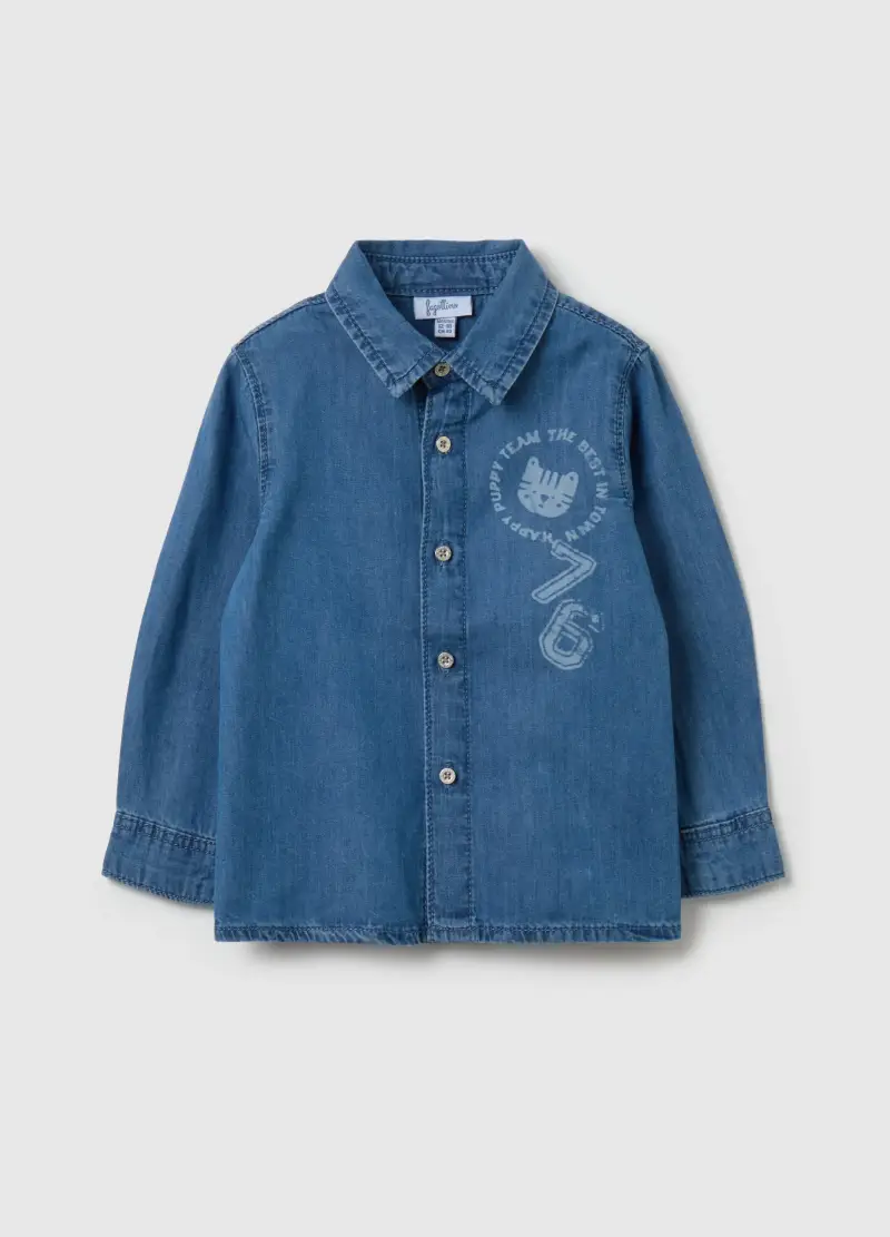 Camicia In Denim Stampa Lettering E Tigrotto, Bambino, Denim