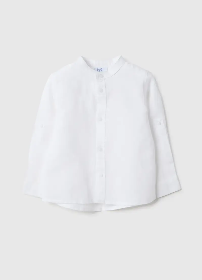 Camicia In Lino E Cotone Bianca Da Bimbo Regular Fit Con Collo Coreana, Bambino, Bianco