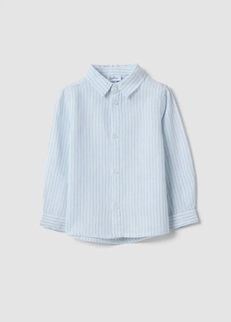 Camicia In Misto Lino Azzurra A Righe Da Bimbo Regular Fit, Bambino, Azzurro