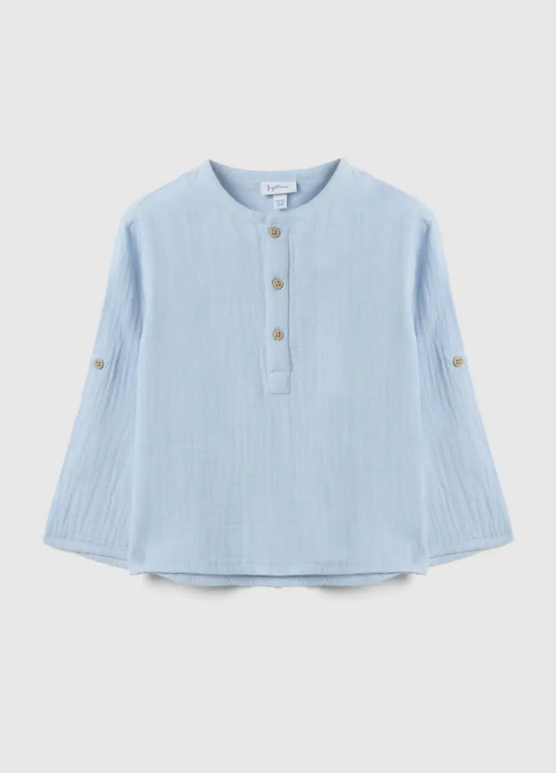 Camicia In Puro Cotone Azzurra Da Bimbo Regular Fit Con Collo Coreano, Bambino, Azzurro
