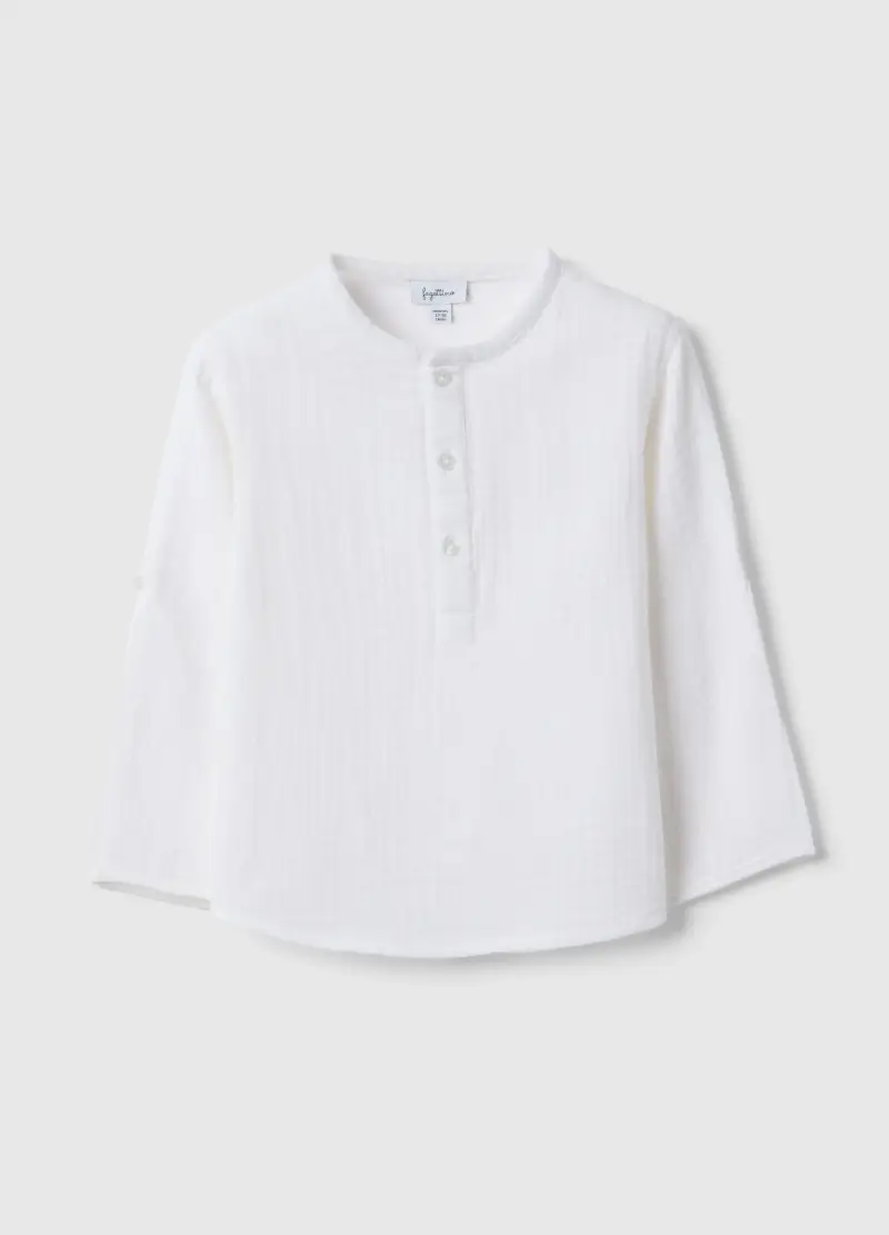 Camicia In Puro Cotone Bianca Da Bimbo Regular Fit Con Collo Coreano, Bambino, Bianco