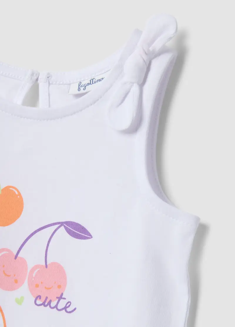Canotta In Puro Cotone Bianca Da Bimba Regular Fit Con Ciliegie, Bambina, Bianco miniatura 3