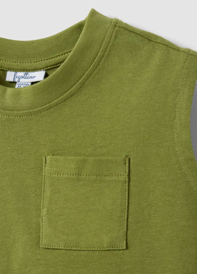 Canotta In Puro Cotone Verde Da Bimbo Regular Fit Con Tasca, Bambino, Verde miniatura 3