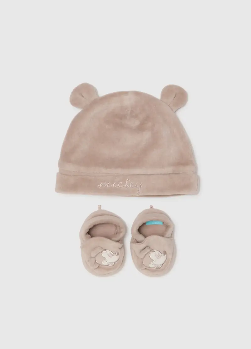 Cappellino E Scarpette Beige In Velour Per Neonato, Rosa