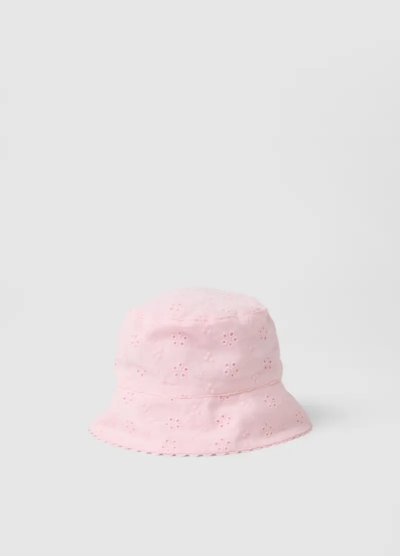 Cappello A Secchiello In Puro Cotone Rosa Da Bimba Con Ricami Floreali, Bambina, Rosa