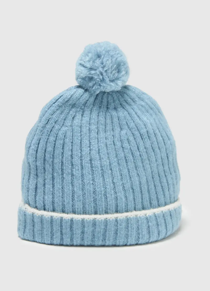 Cappello Azzurro Da Neonato Con Pompon E Dettagli A Righe, Azzurro miniatura 3