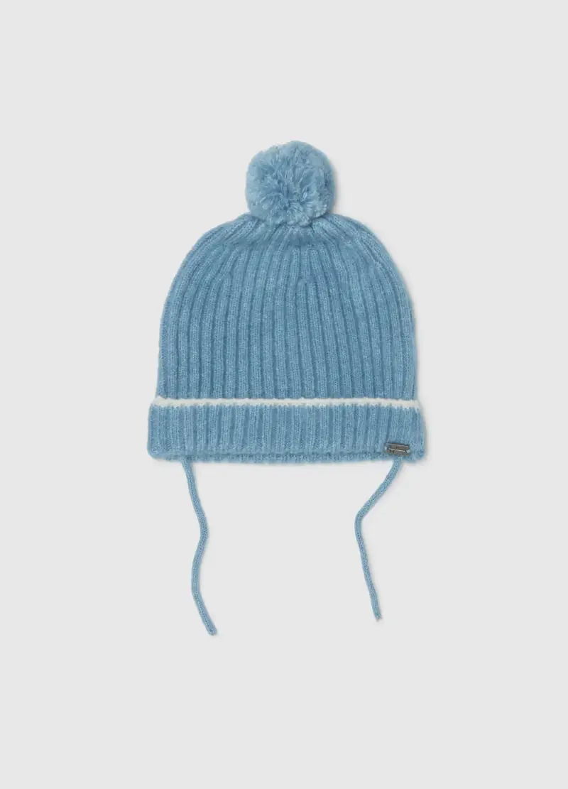 Cappello Azzurro Da Neonato Con Pompon E Dettagli A Righe, Azzurro