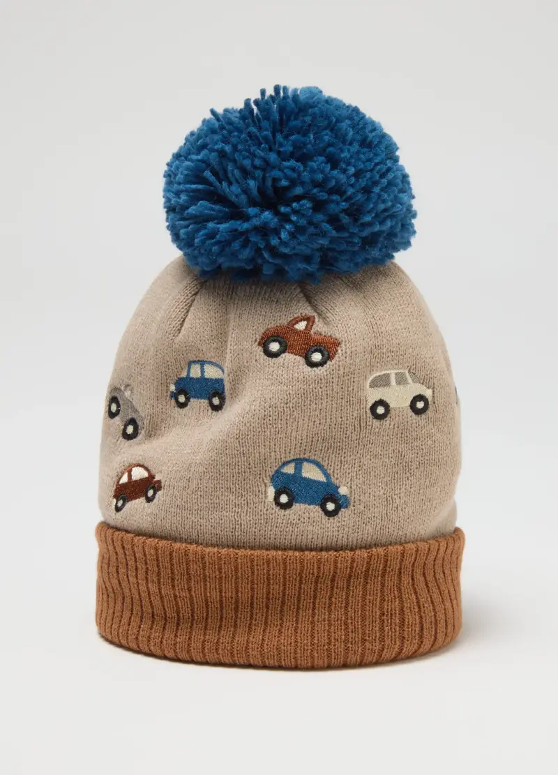 Cappello Beige Con Pompon E Ricemi Macchinine, Bambino, Beige miniatura 2