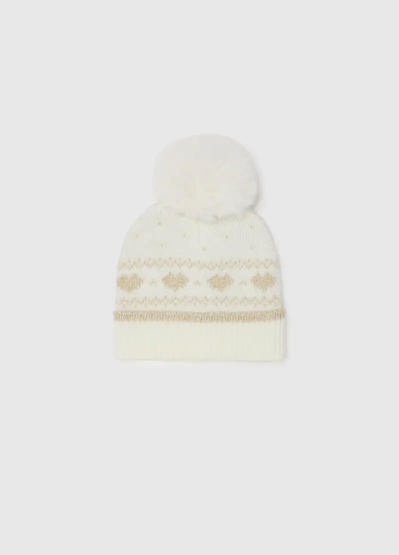 Cappello Bianco Con Pompon E Motivo Jacquard, Bambina, Bianco