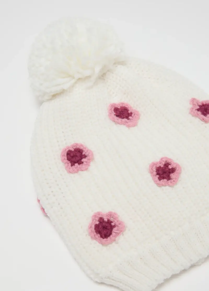 Cappello Bianco Con Pon Pon E Decorazioni In Maglia, Bambina, Bianco miniatura 2