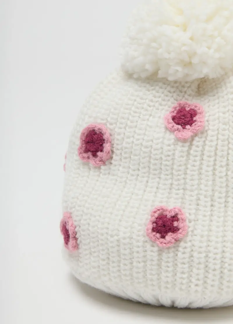 Cappello Bianco Con Pon Pon E Decorazioni In Maglia, Bambina, Bianco miniatura 3