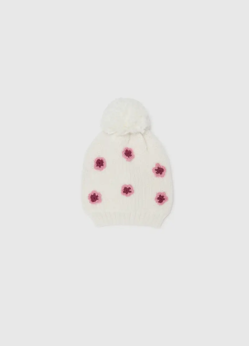 Cappello Bianco Con Pon Pon E Decorazioni In Maglia, Bambina, Bianco