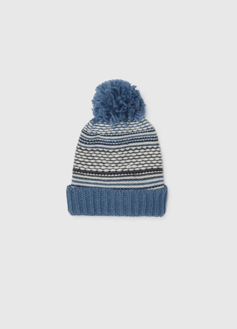 Cappello Blu Con Pompon Per Bambino, Bianco