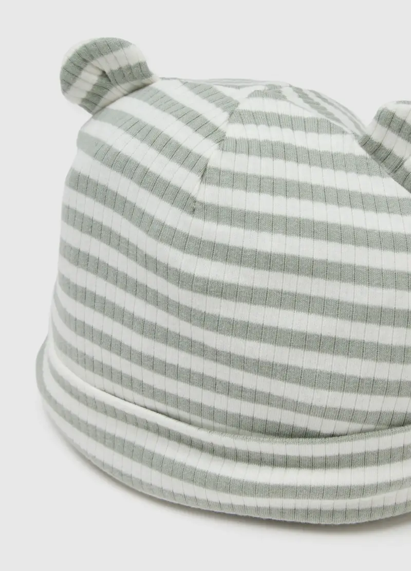 Cappello In Misto Cotone A Righe Multicolor Da Neonato Con Orecchiette, Unisex, Multicolor miniatura 3