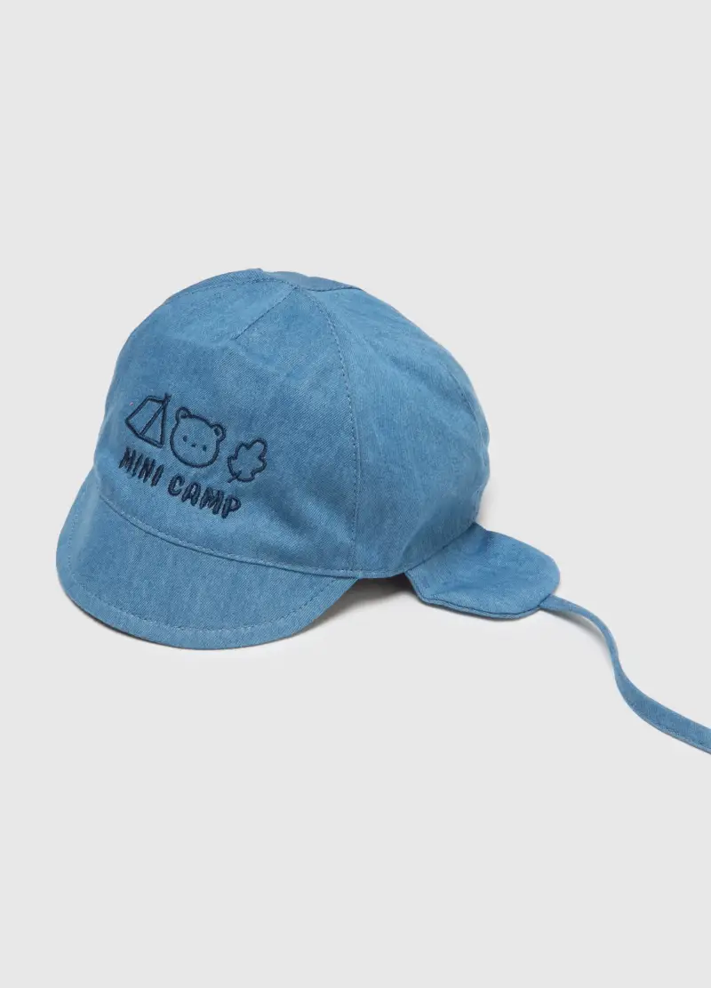 Cappello In Puro Cotone Azzurro Da Neonato Con Scritta E Laccetti, Azzurro miniatura 2