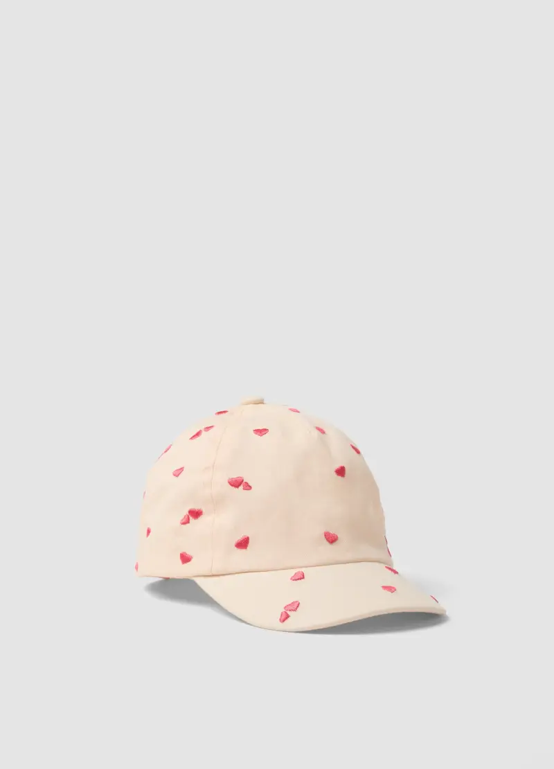 Cappello In Puro Cotone Beige Da Bimba Con Cuoricini Rosa, Bambina, Beige
