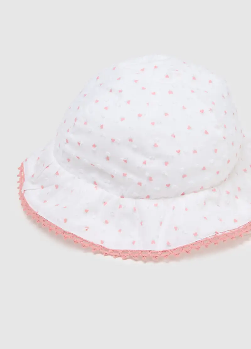 Cappello In Puro Cotone Bianco Con Bordatura Rosa Per Neonata, Multicolor miniatura 3