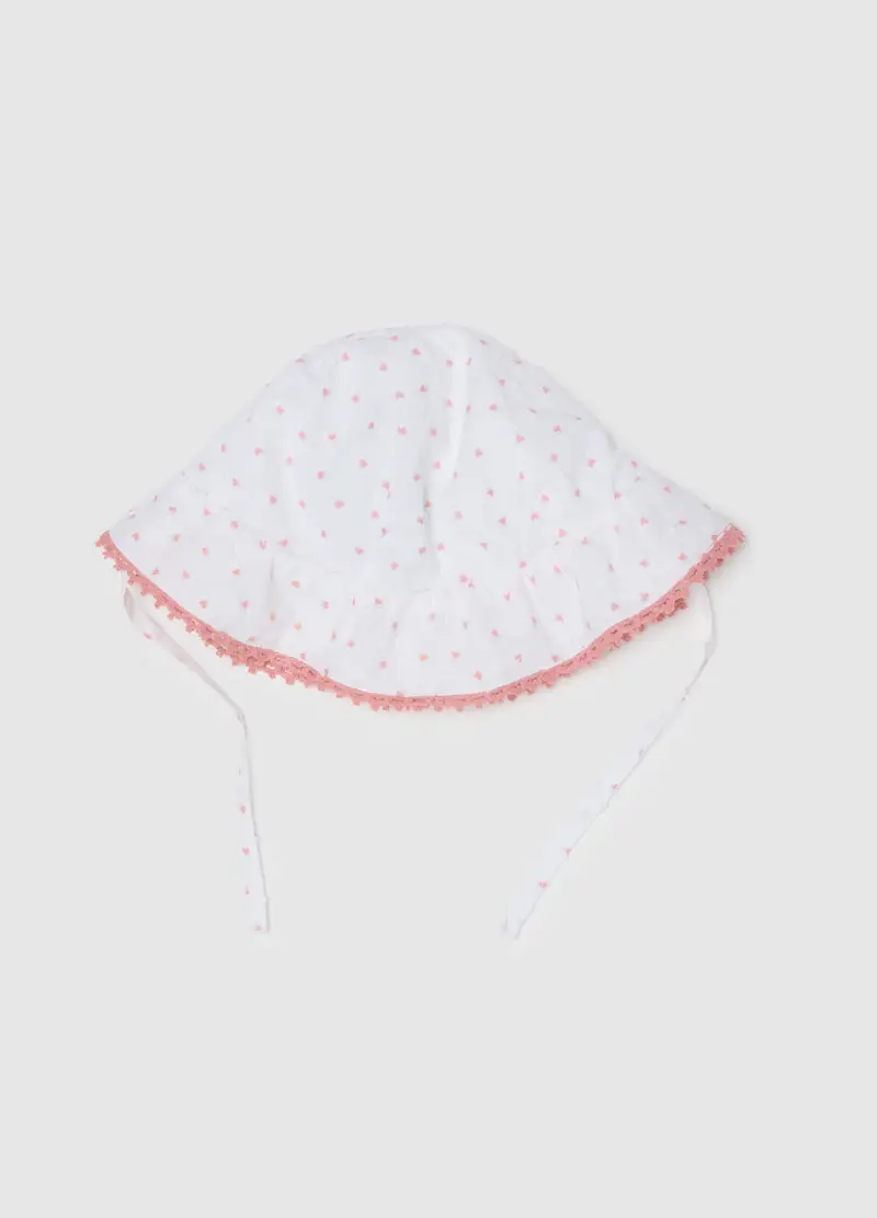 Cappello In Puro Cotone Bianco Con Bordatura Rosa Per Neonata, Multicolor