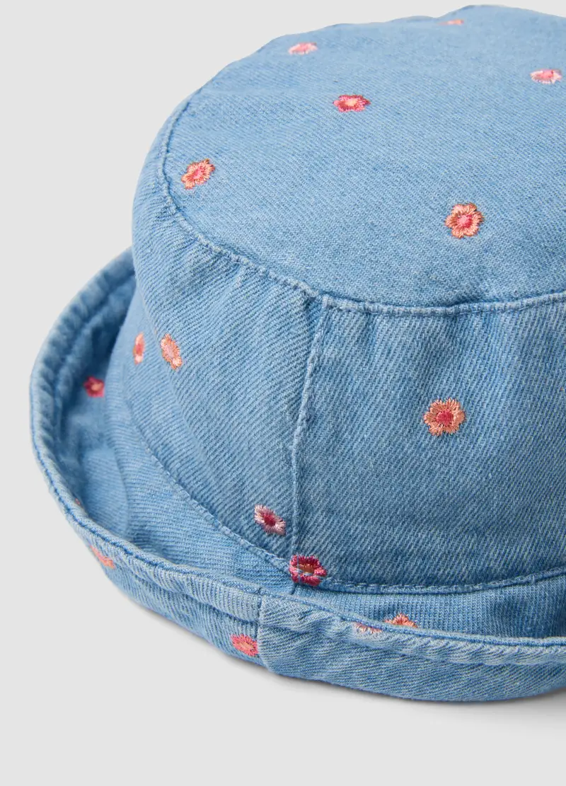 Cappello In Puro Cotone Denim Azzurro Da Bimba Con Ricami Floreali, Bambina, Denim miniatura 2