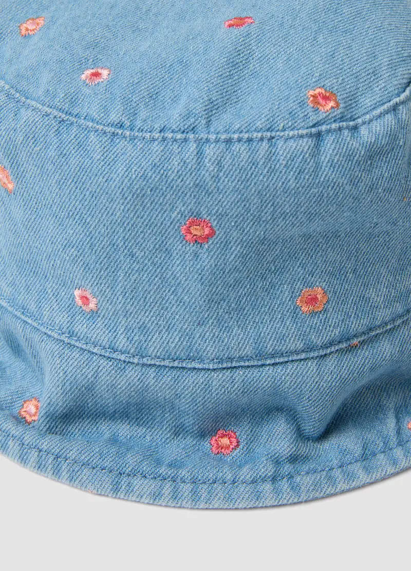 Cappello In Puro Cotone Denim Azzurro Da Bimba Con Ricami Floreali, Bambina, Denim miniatura 3