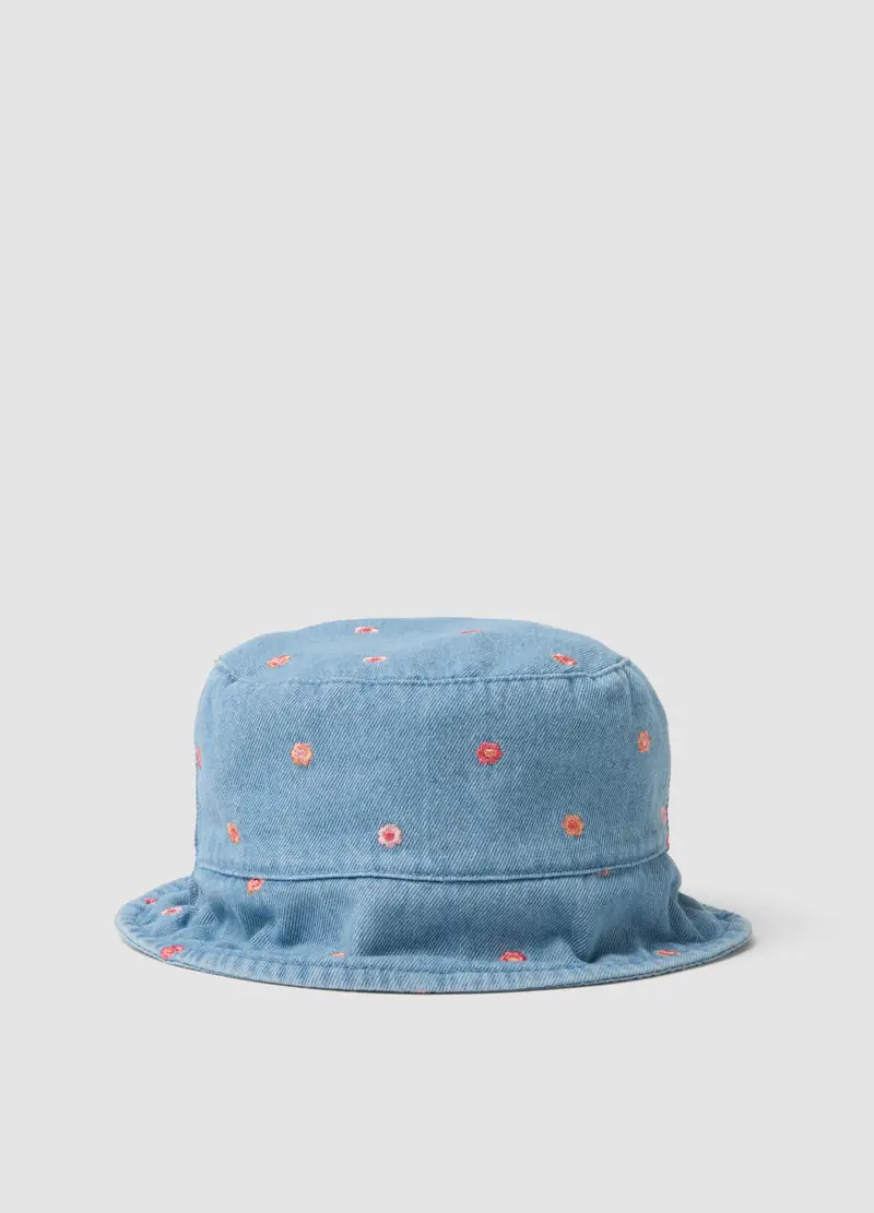 Cappello In Puro Cotone Denim Azzurro Da Bimba Con Ricami Floreali, Bambina, Denim